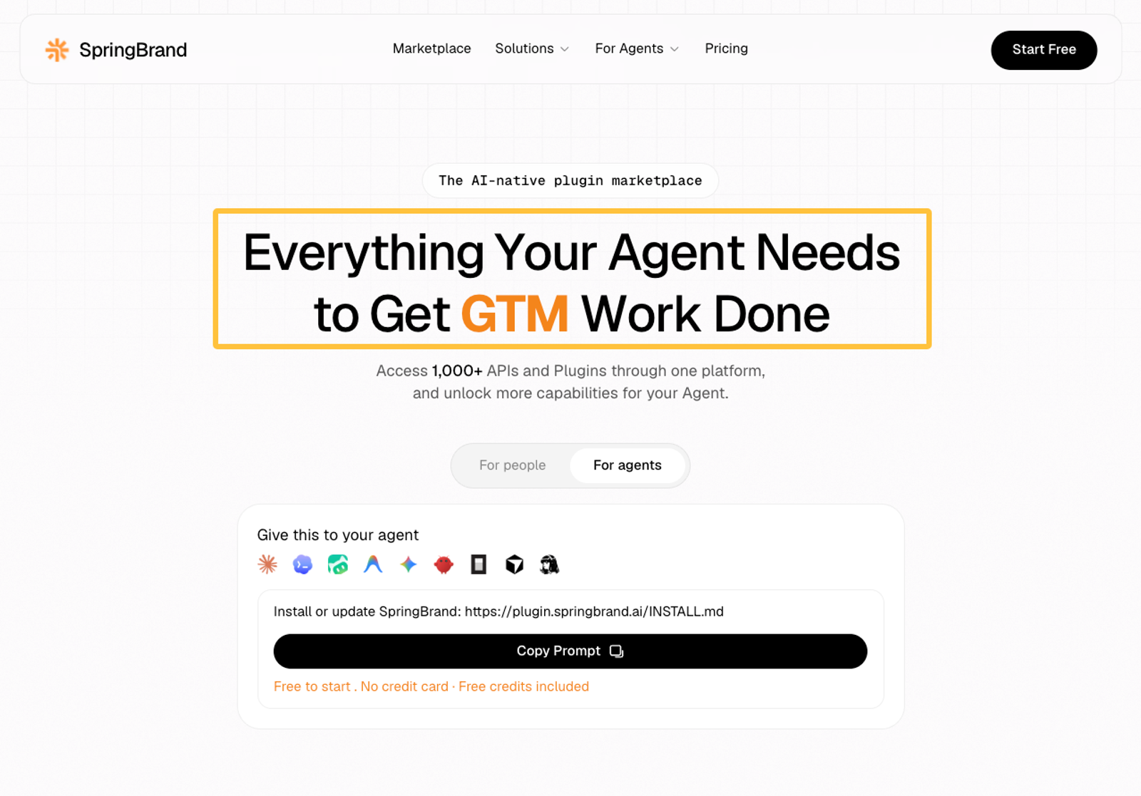 SpringBrand homepage showcasing AI plugins designed for GTM workflow optimization and empowering AI agents.