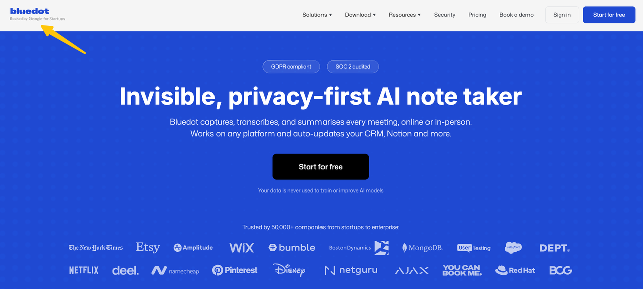 Bluedot AI website landing page showcasing the "Invisible, privacy-first AI note taker" heading.