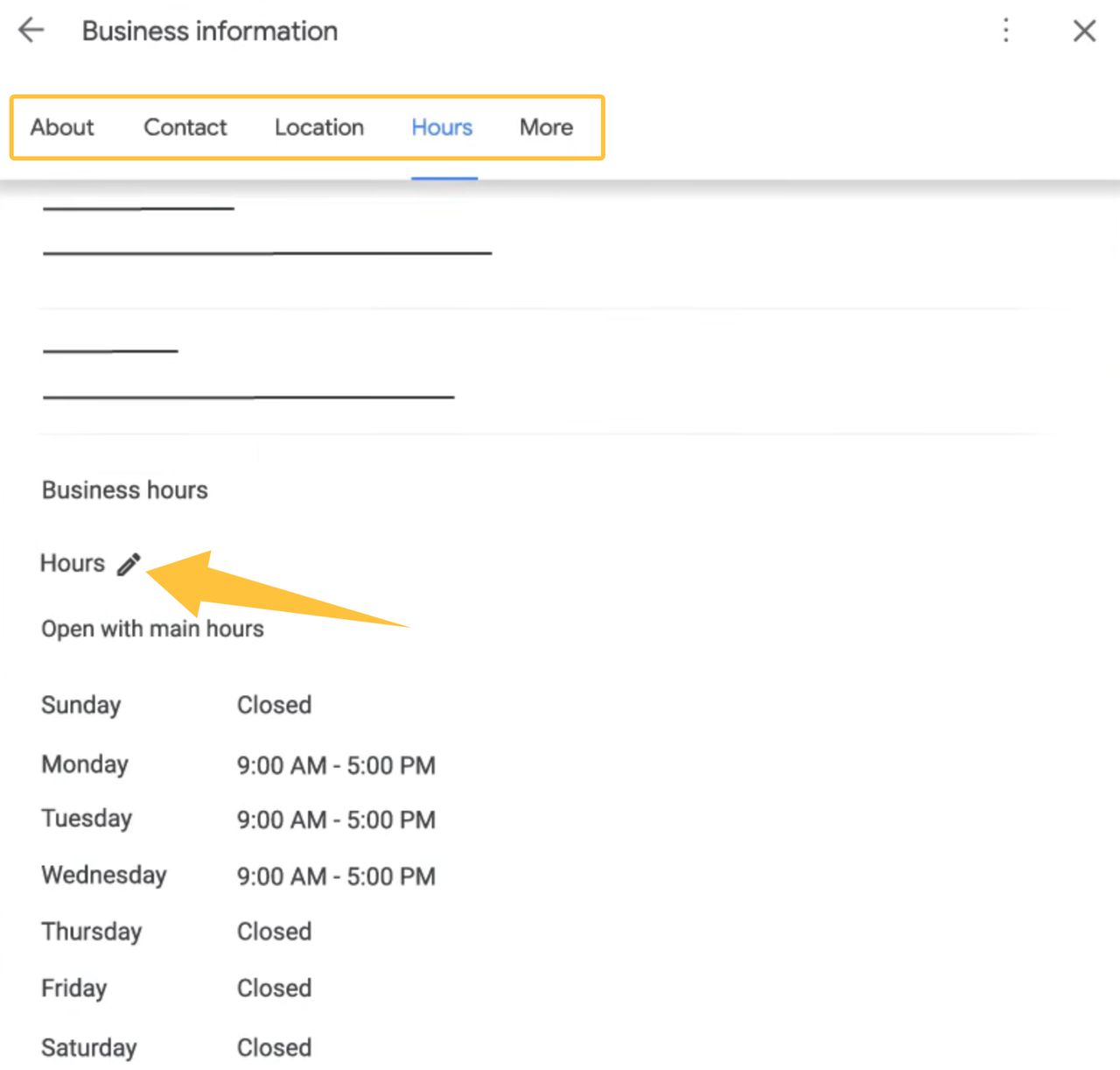 Google Business Profile business information screen highlighting where to edit dental office hours for local SEO.