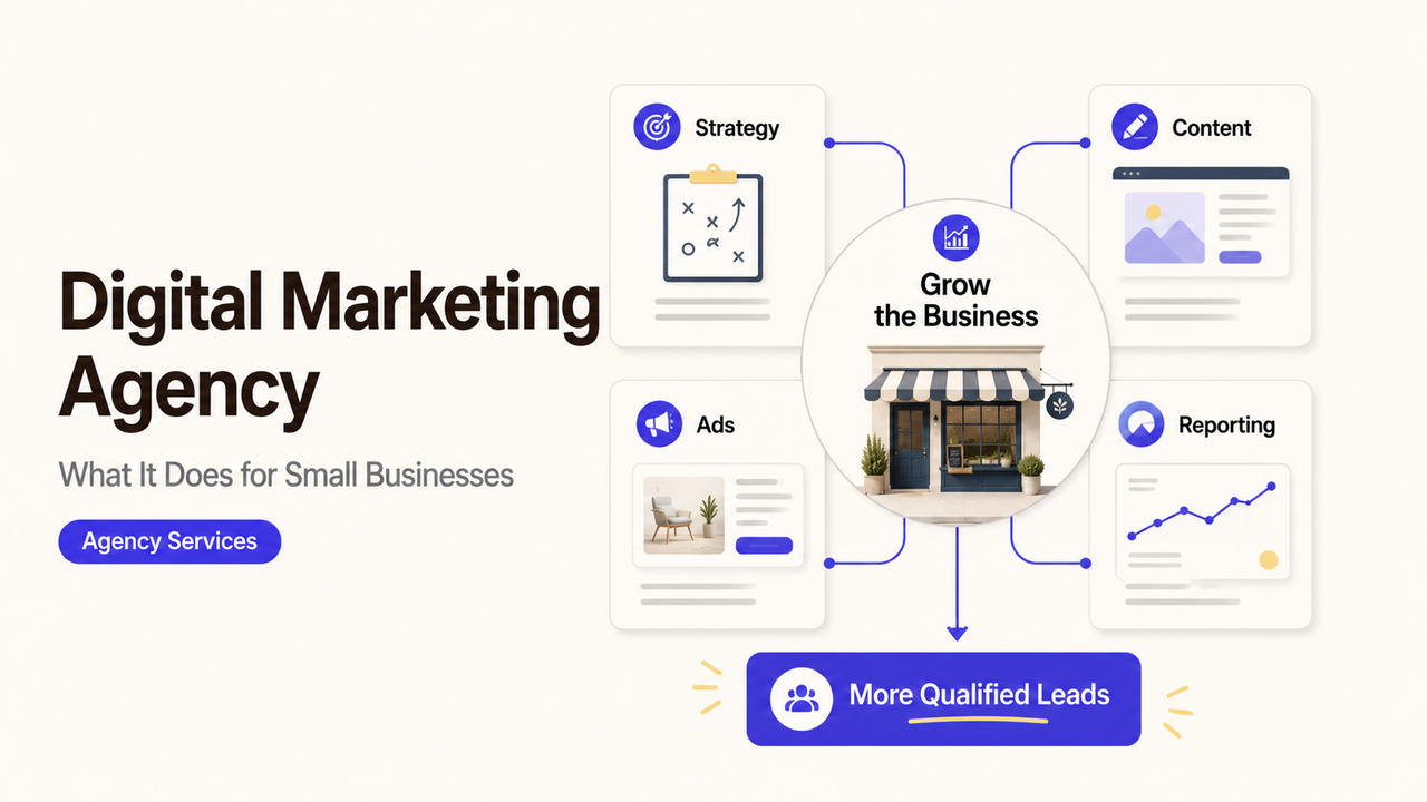 Infographic showing what does a digital marketing agency do for small businesses to grow.