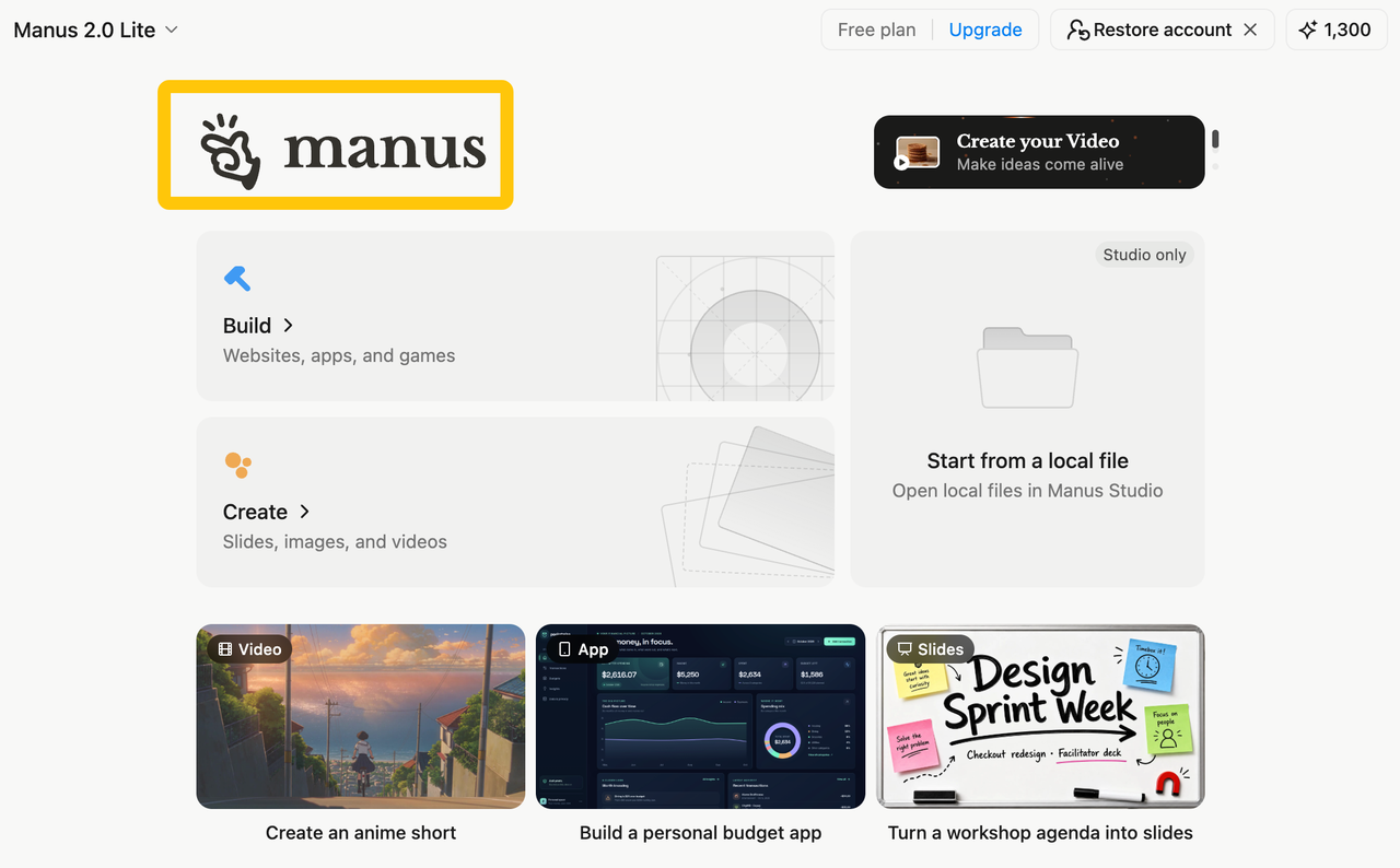 In this manus review, we explore the Manus 2.0 Lite dashboard featuring video creation, app building, and slide design.
