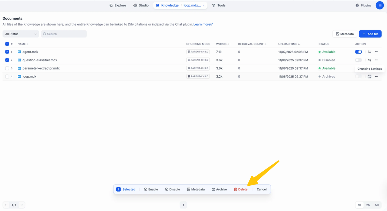 Manage knowledge base documents and indexing settings easily in Dify when comparing gumloop alternatives.