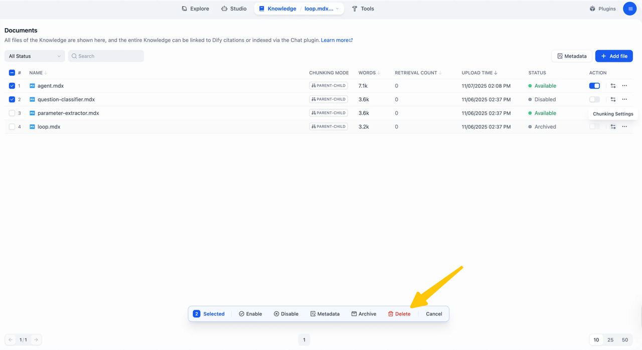 Manage knowledge base documents and indexing settings easily in Dify when comparing gumloop alternatives.
