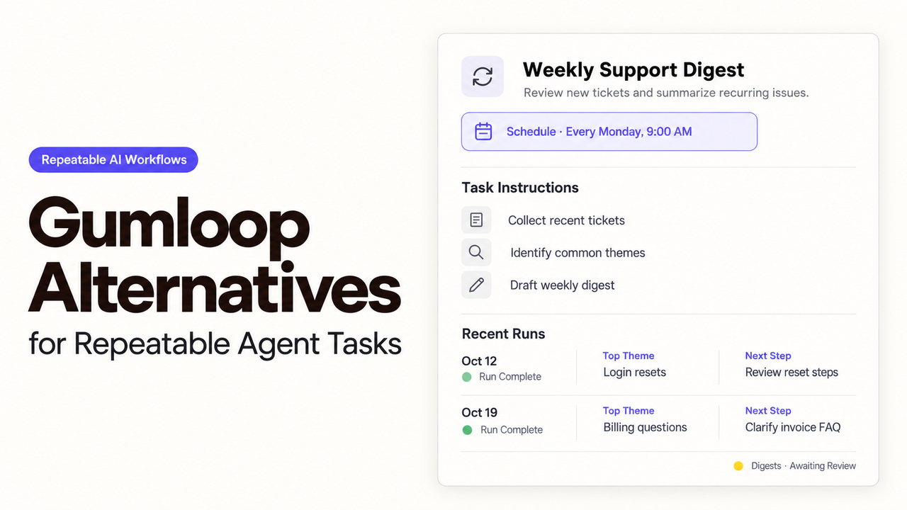 Interface preview of Gumloop alternatives showing automated repeatable agent task workflows.