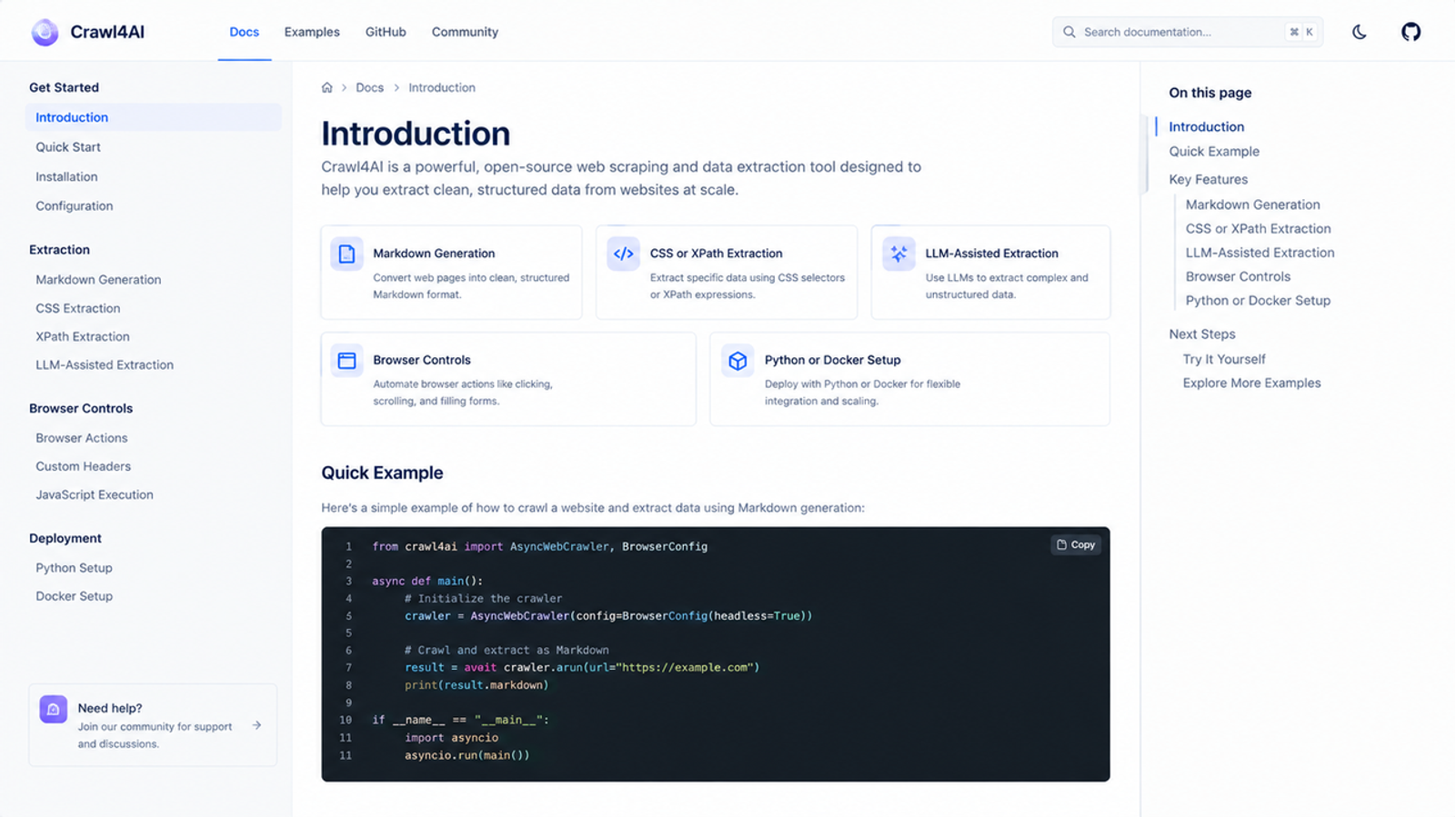 Crawl4AI documentation showing open source web scraping tools for firecrawl alternatives. 