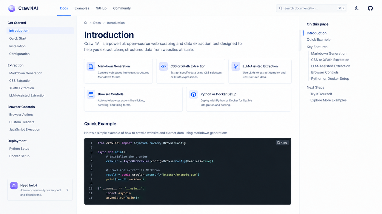 Crawl4AI documentation showing open source web scraping tools for firecrawl alternatives.