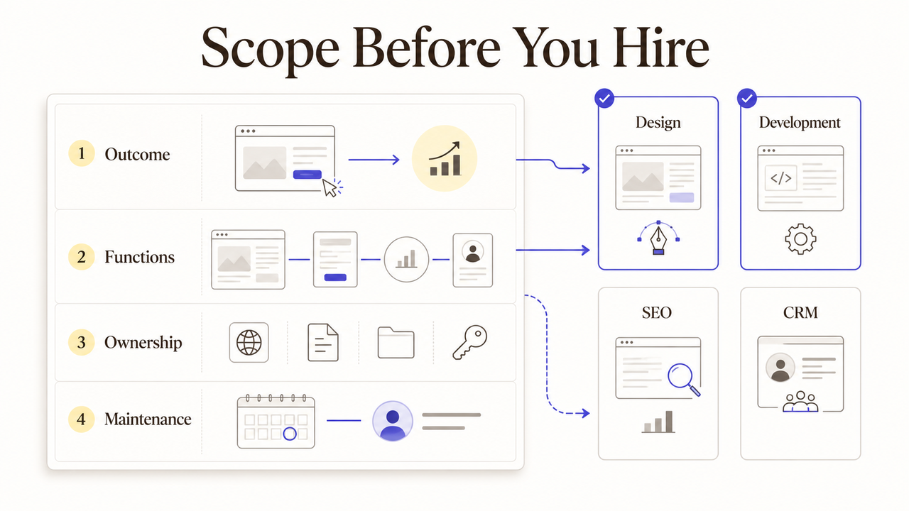 Diagram on how to scope outcome, functions, and ownership for a ChatGPT Sites vs web designer project choice.