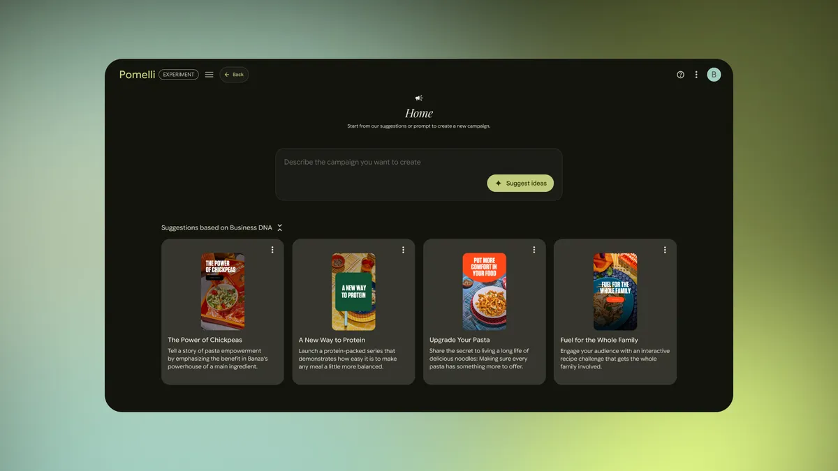 The Pomelli AI home screen displaying various generated brand content campaign suggestions.