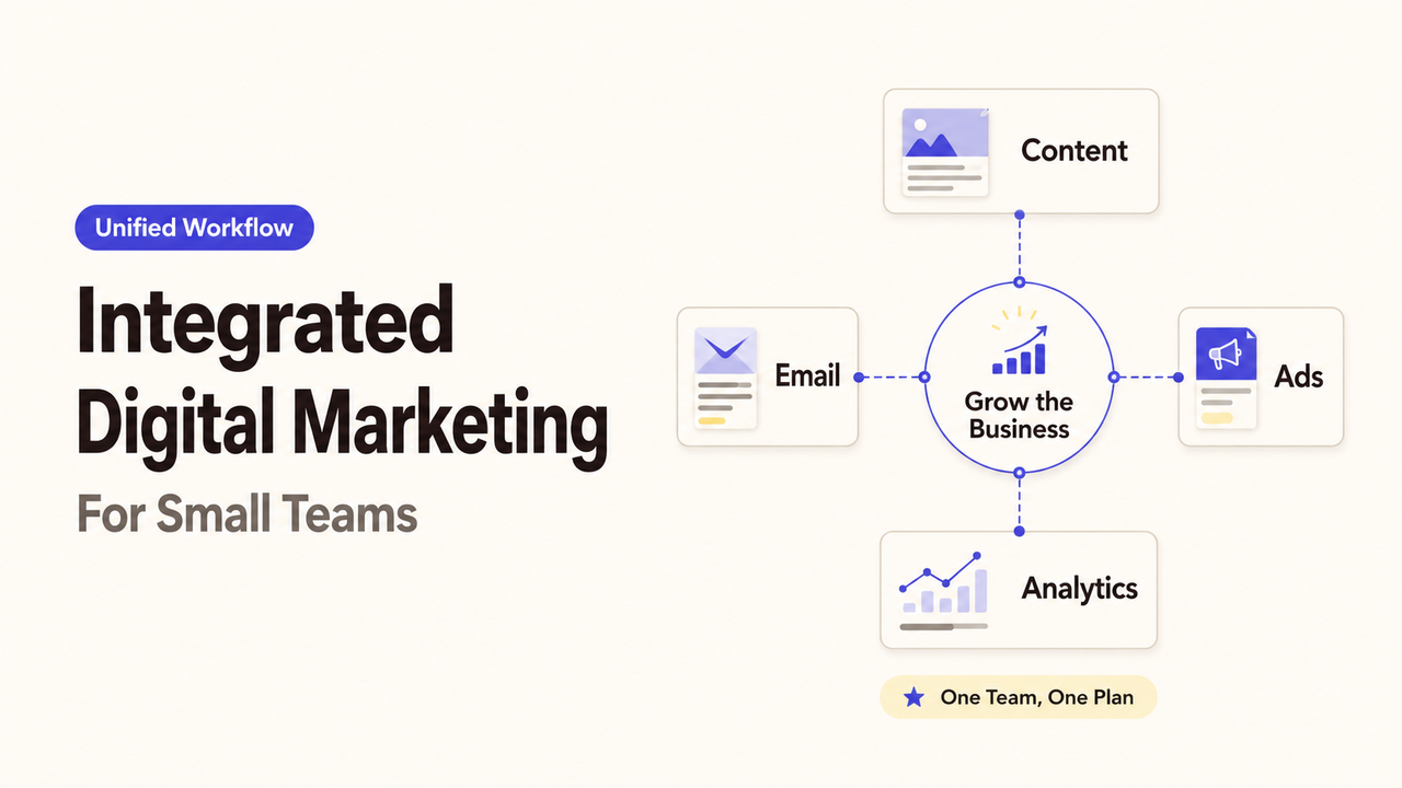 Diagram showing an integrated digital marketing workflow for small teams, connecting content, email, ads, and analytics.