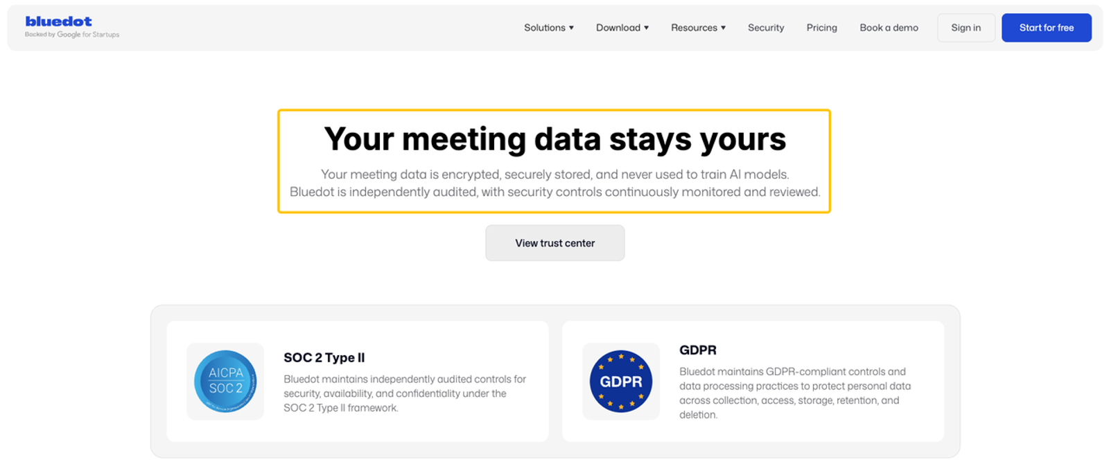 Bluedot AI security center highlighting meeting data privacy, SOC 2 Type II, and GDPR compliance logos.