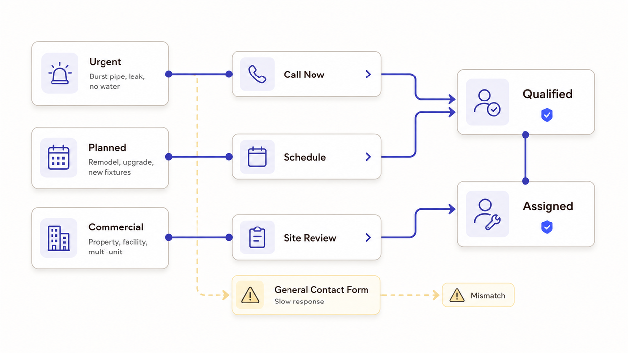 Flowchart for digital marketing for plumbers showing how urgent, planned, and commercial leads are routed and qualified.