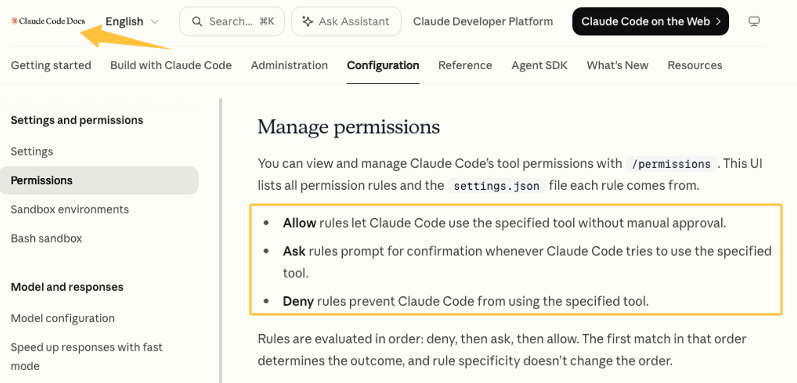Screenshot of the Claude Code docs for managing tool permissions using Allow, Ask, and Deny rules.