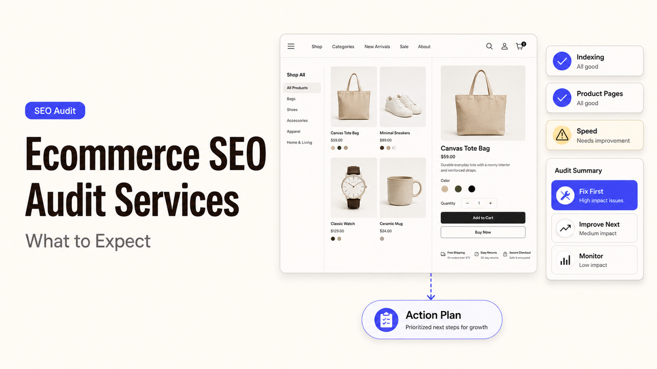 Overview of what to expect from professional ecommerce seo audit services, including indexing and speed checks.