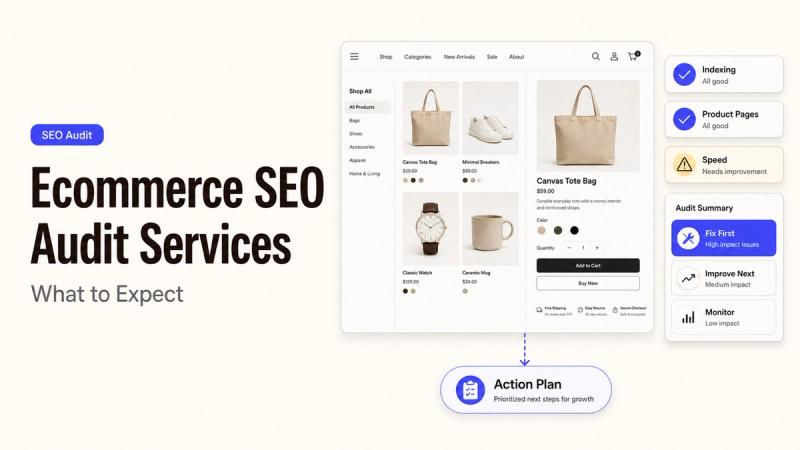 Overview of what to expect from professional ecommerce seo audit services, including indexing and speed checks.