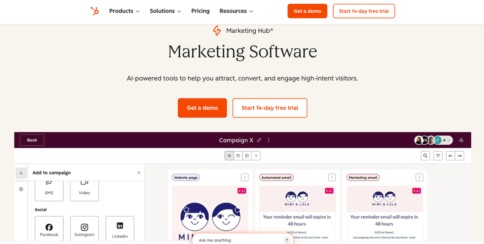 AI campaign builder dashboard inside the HubSpot marketing automation software platform.