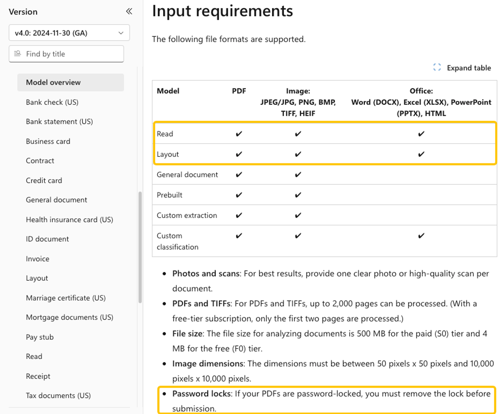 Supported file formats and input requirements for layout and read models in ai business documents analysis processing.