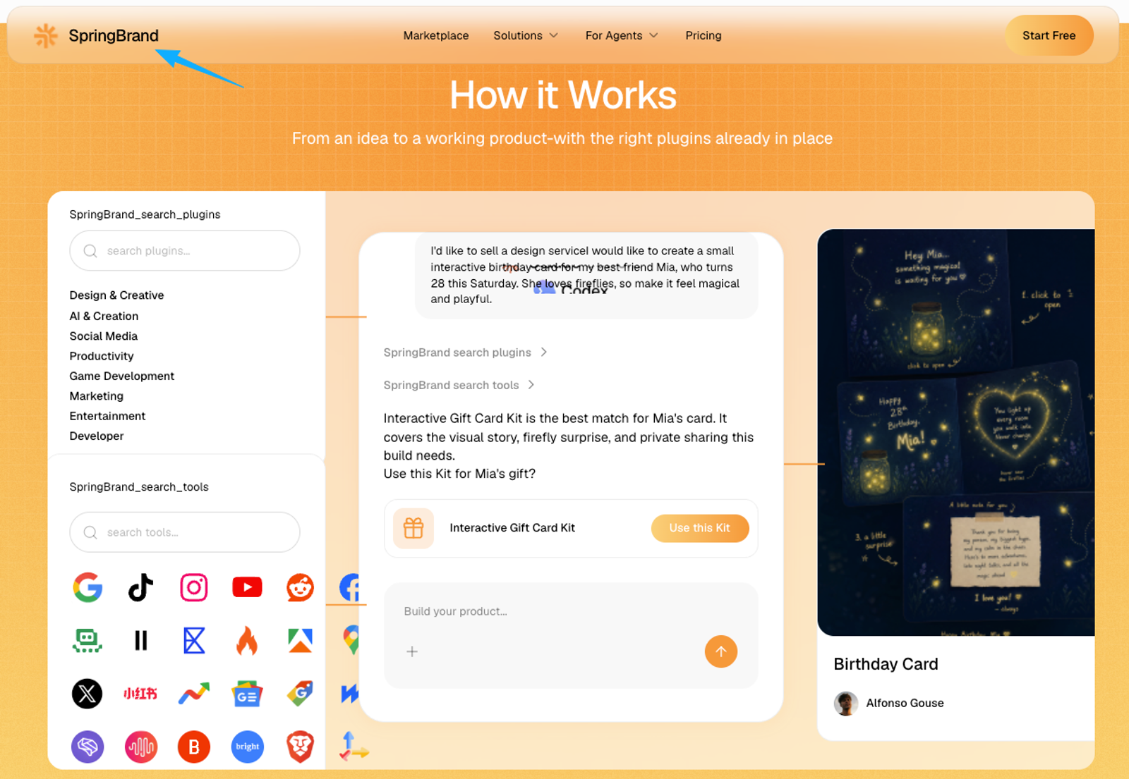 SpringBrand platform integrating an OpenSEO AI agent to recommend tools and build products