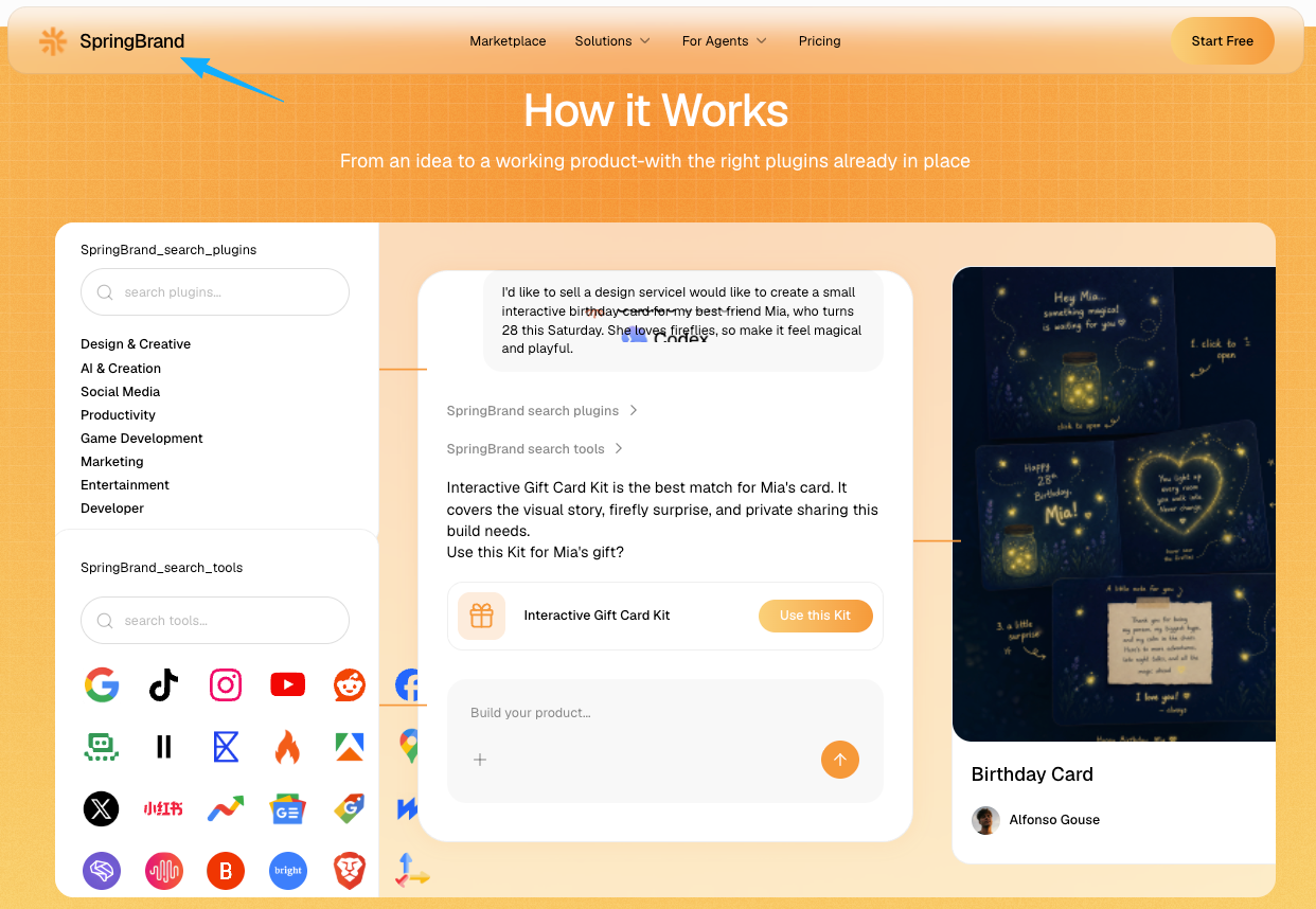 SpringBrand platform integrating an OpenSEO AI agent to recommend tools and build products