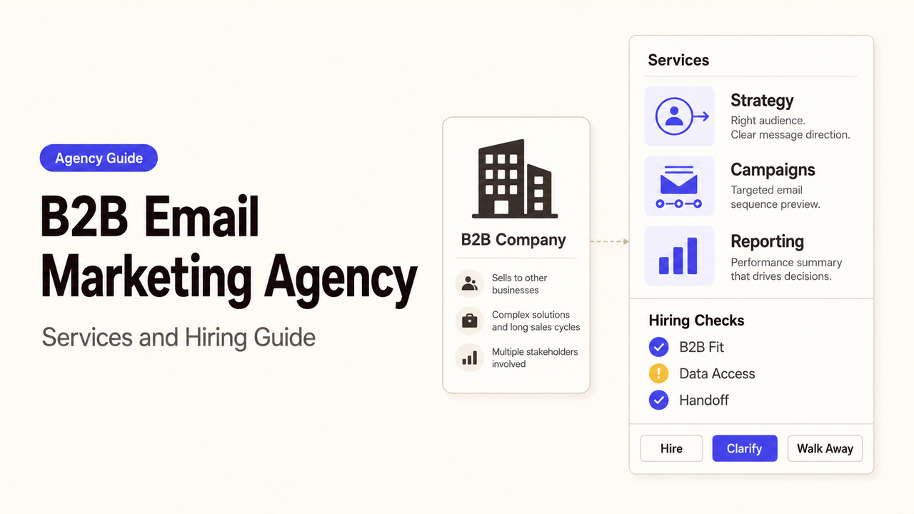 Guide showing services like strategy, campaigns, and hiring checks for a B2B email marketing agency.