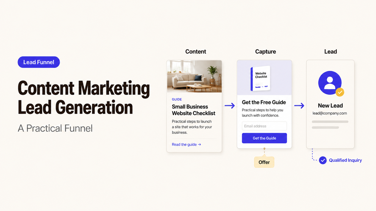 A practical content marketing lead gen funnel moving from content asset to capture form and new lead.