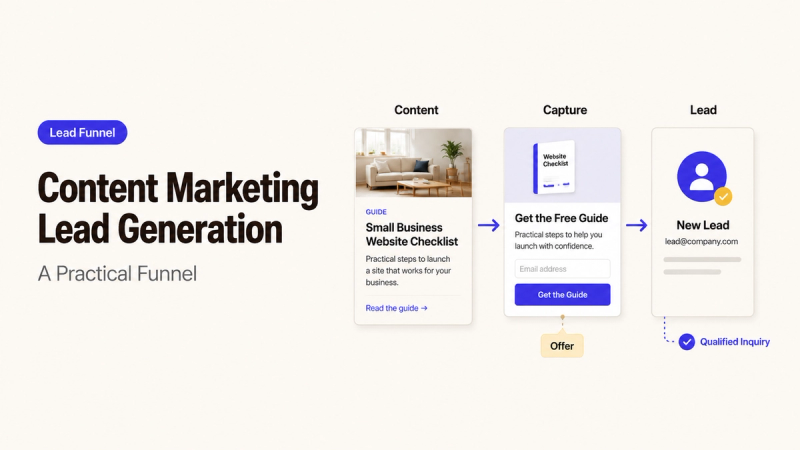 A practical content marketing lead gen funnel moving from content asset to capture form and new lead.