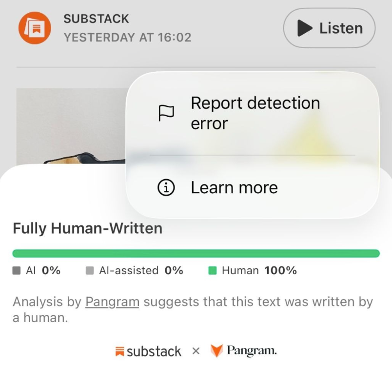 Mobile view displaying a Substack AI detector analysis popup, verifying the article is fully human-written by Pangram.