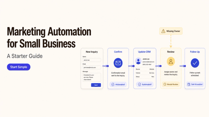A flowchart showing a small business marketing automation process from new inquiry to follow-up tasks.