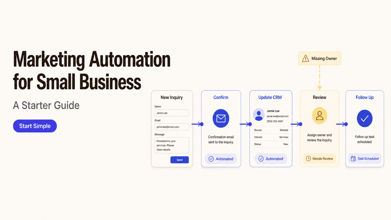 A flowchart showing a small business marketing automation process from new inquiry to follow-up tasks.