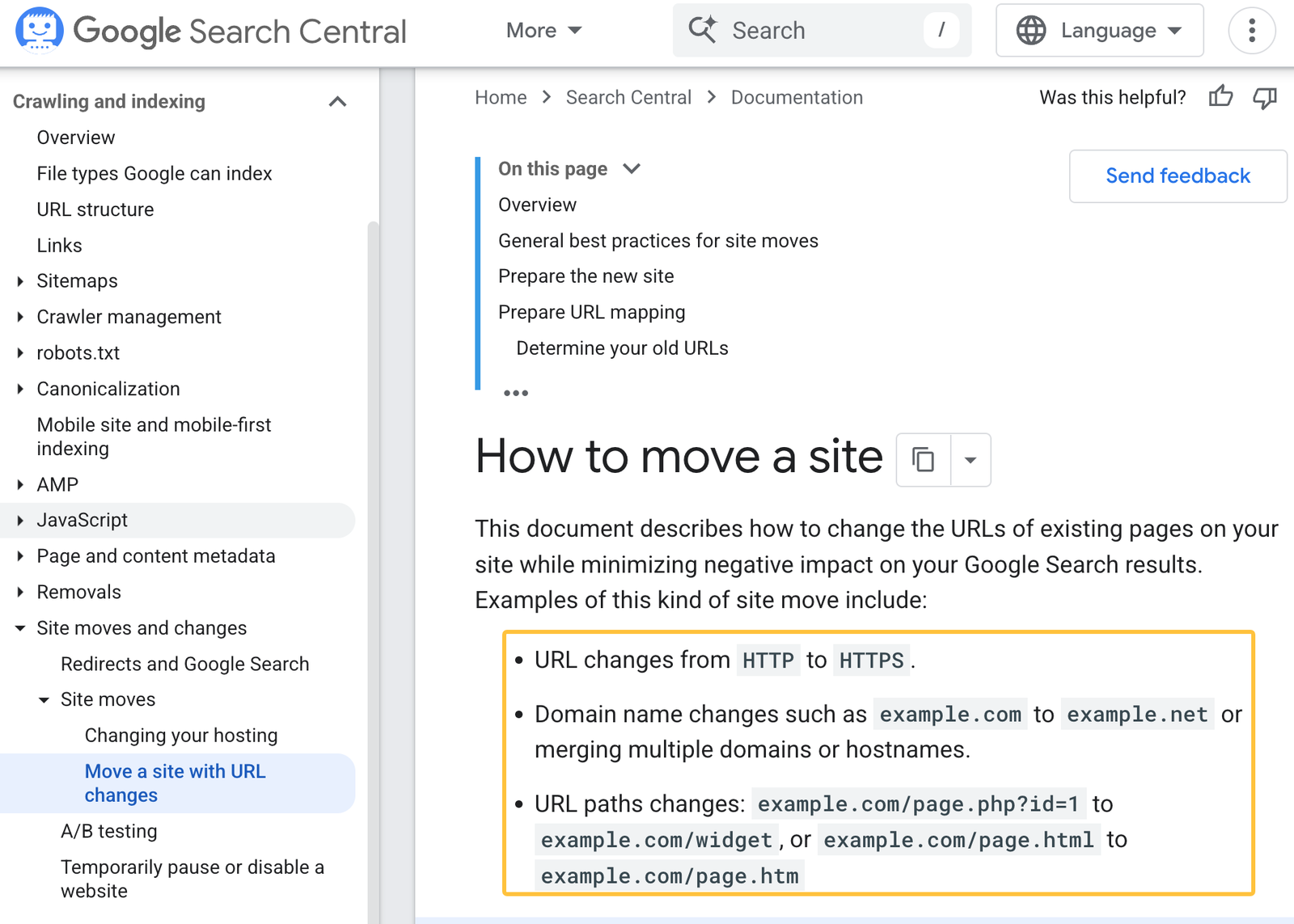 Google Search Central documentation screenshot explaining how to move a site during an SEO website redesign.