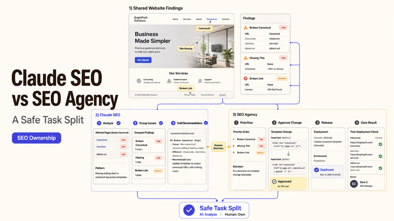 A flowchart comparing Claude SEO for automated analysis and an SEO agency for strategic decisions and technical implementation.