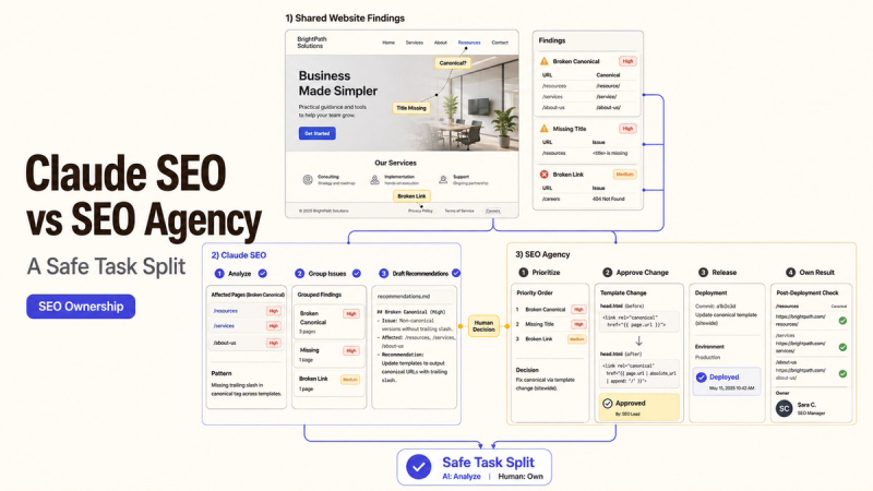 A flowchart comparing Claude SEO for automated analysis and an SEO agency for strategic decisions and technical implementation.