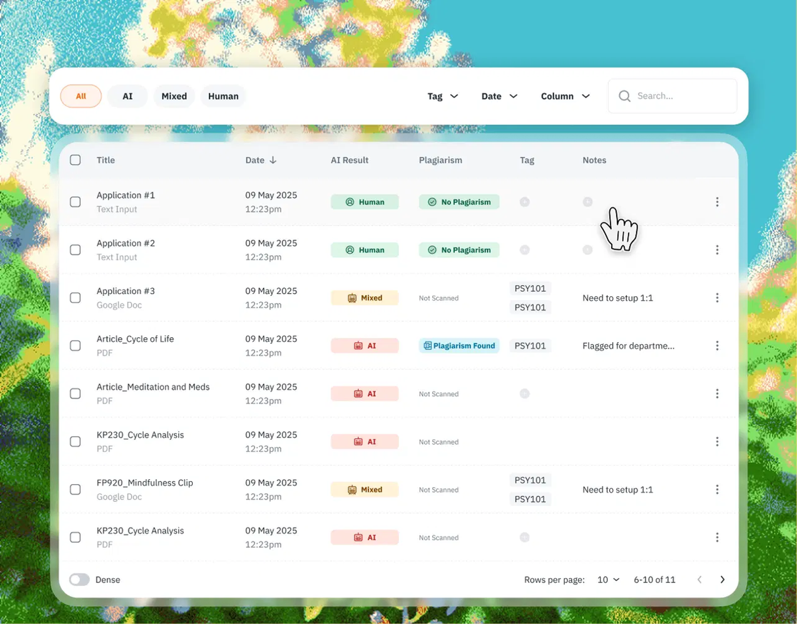 The user dashboard in the Pangram AI Detector, displaying a history of scanned documents, AI results, and plagiarism.