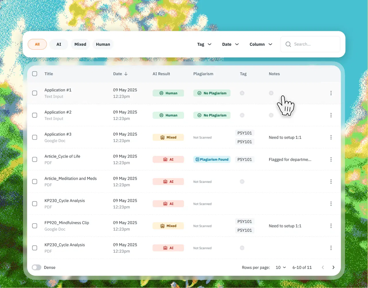 The user dashboard in the Pangram AI Detector, displaying a history of scanned documents, AI results, and plagiarism.