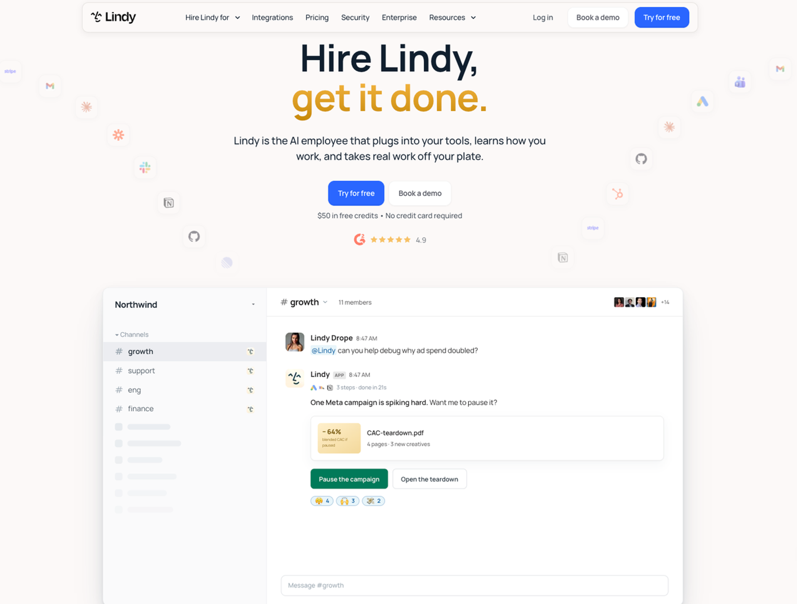 Homepage of Lindy, an AI employee tool and smart Relevance AI alternatives choice.