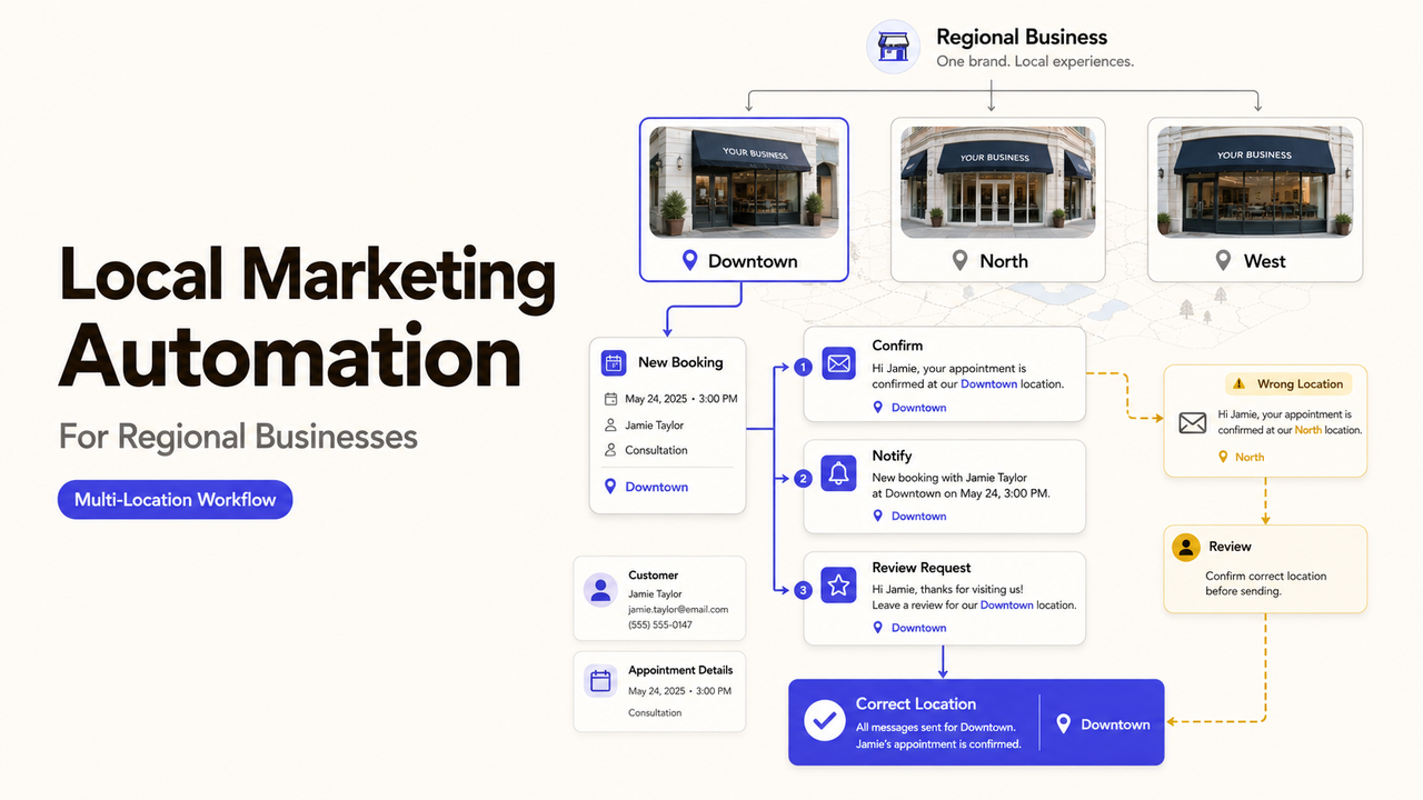 Diagram showing local marketing automation for regional businesses with multi-location booking and review workflows.