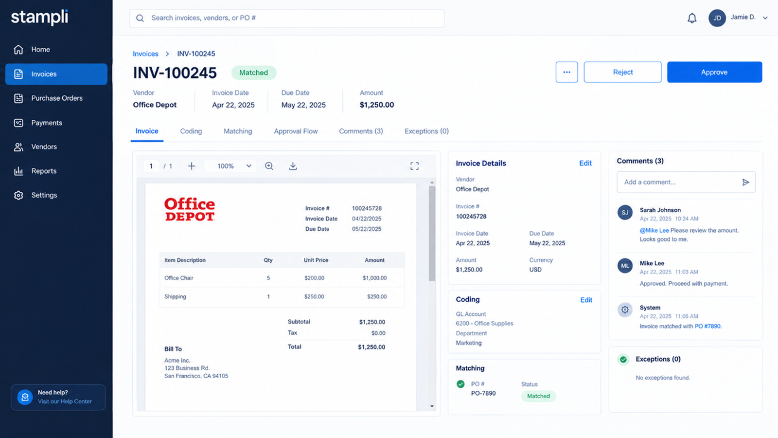 Stampli AP automation software interface for invoice matching, approvals, and team comments.