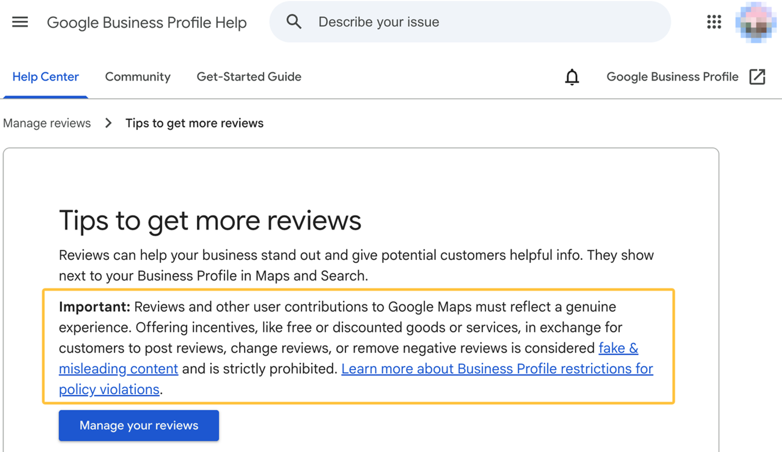 Google Business Profile guidelines warning against review incentives, a key compliance rule in local marketing automation.