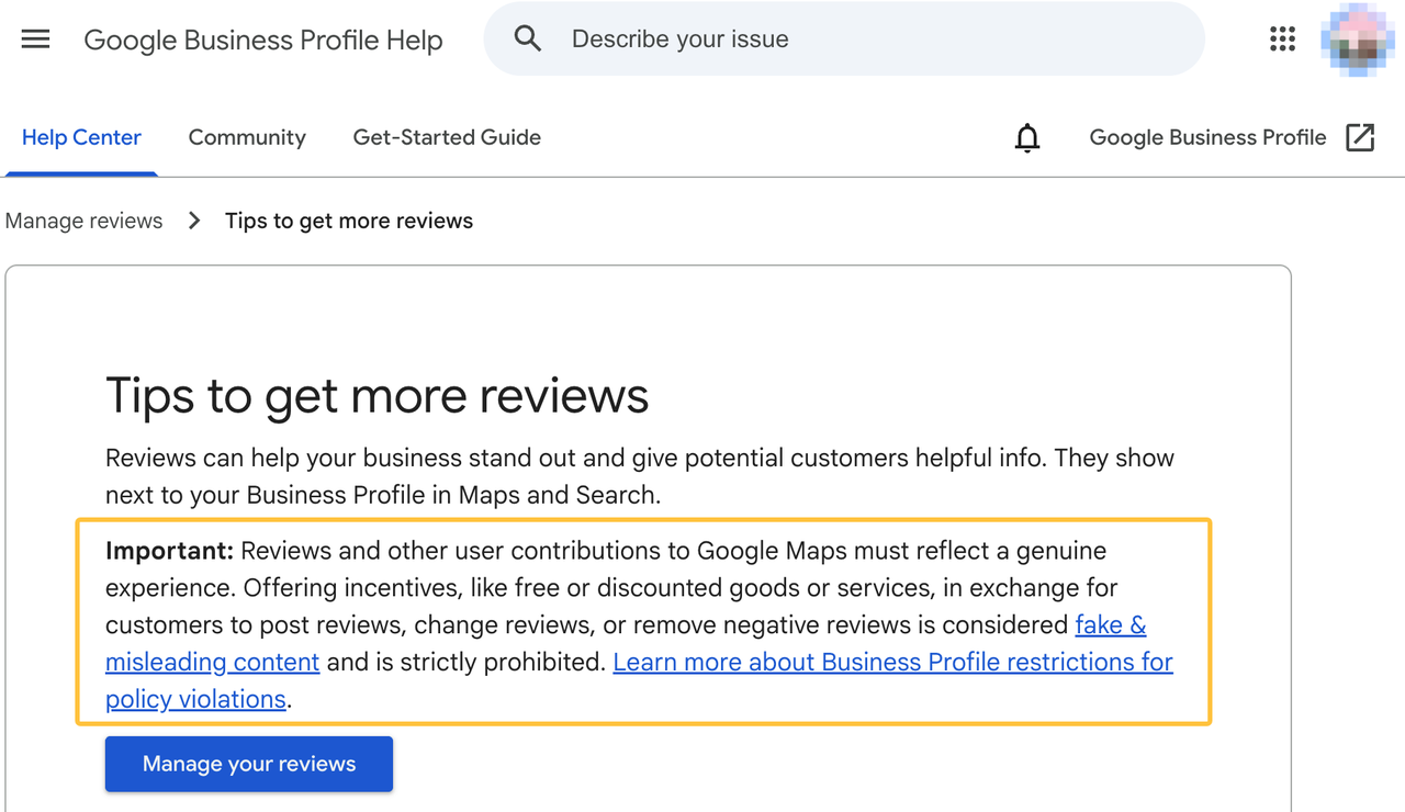 Google Business Profile guidelines warning against review incentives, a key compliance rule in local marketing automation.