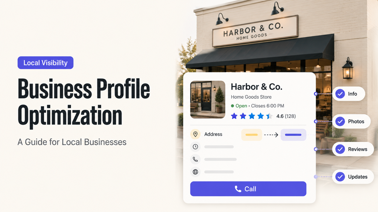A guide showing a local business storefront next to an optimized Google Business Profile including info, photos, and reviews, highlighting google business profile optimization services.