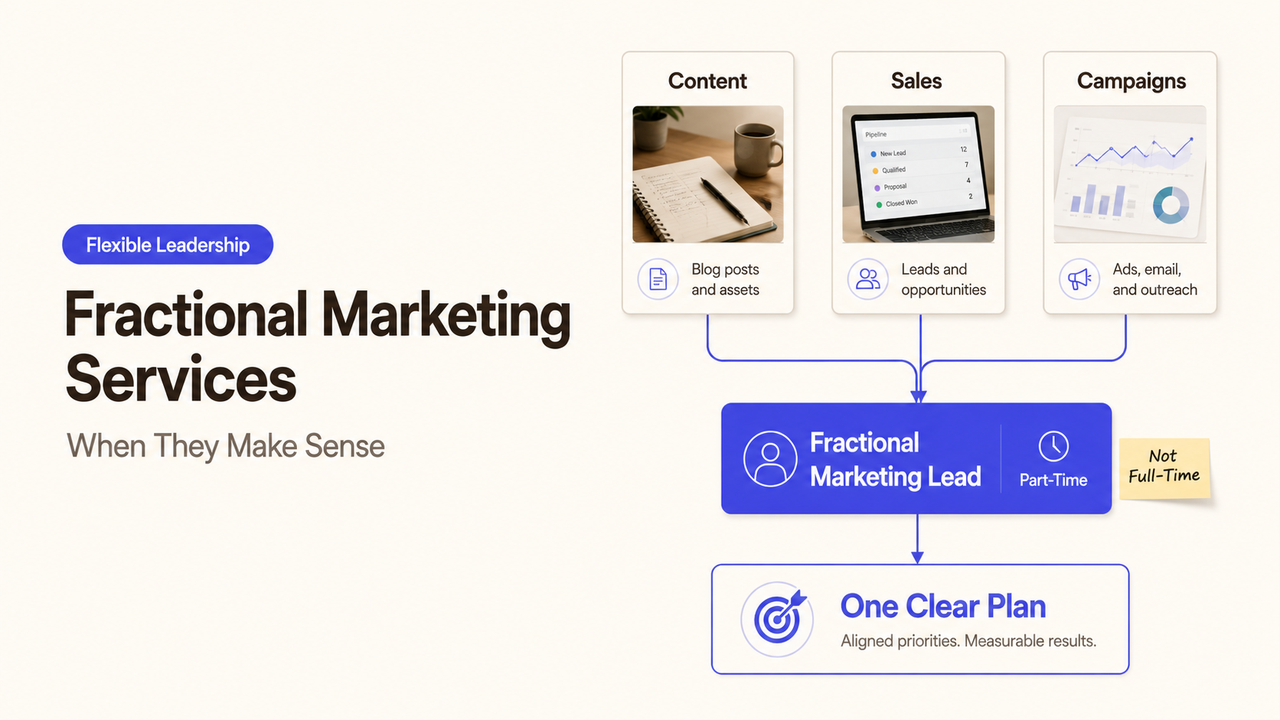 Diagram showing fractional marketing services aligning content, sales, and campaigns into one plan.
