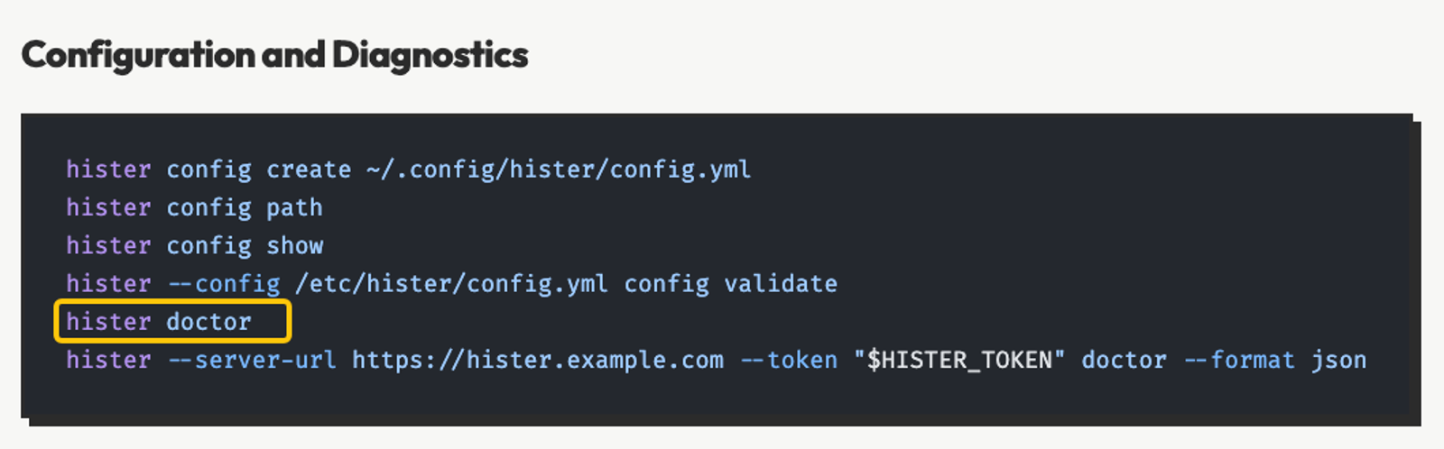 Use CLI commands like doctor and config validate to troubleshoot your local hister mcp environment. 