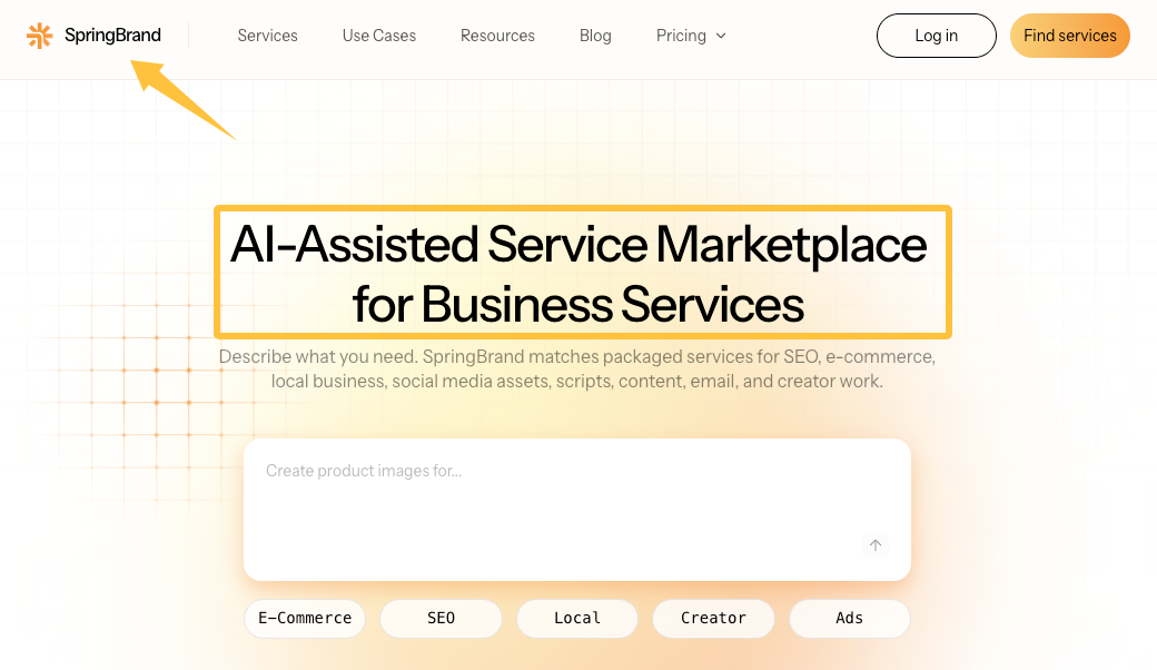 SpringBrand homepage for an AI-assisted service marketplace supporting a manufacturing marketing strategy.