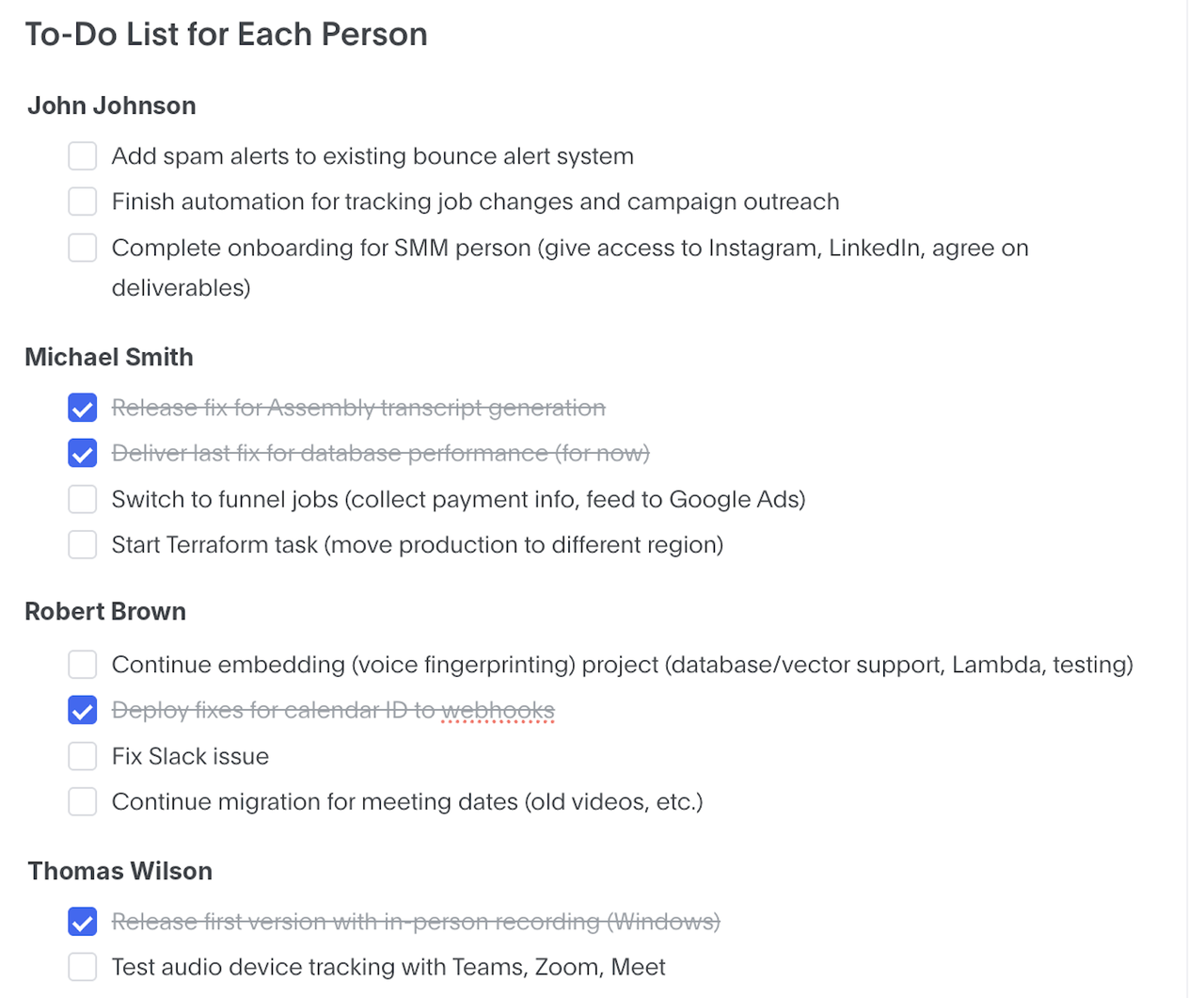 Bluedot AI generated action item list segmented into to-do lists for each team member.