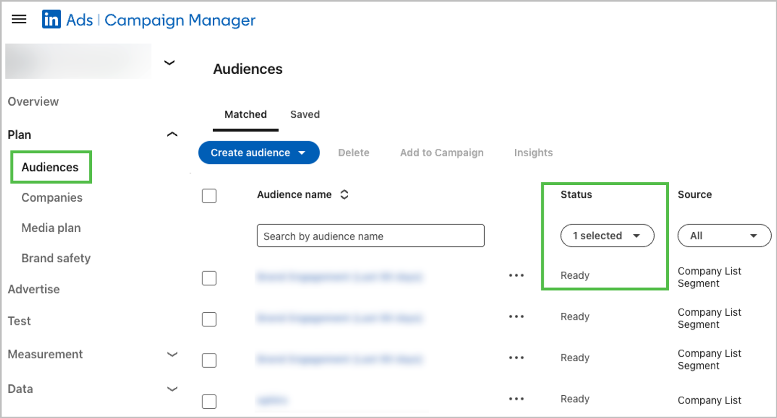 An account based marketing agency setting up audience lists and status within a campaign manager interface.