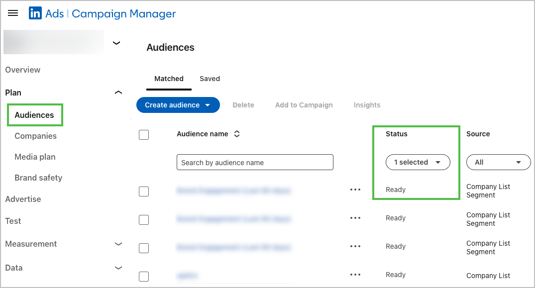 An account based marketing agency setting up audience lists and status within a campaign manager interface.