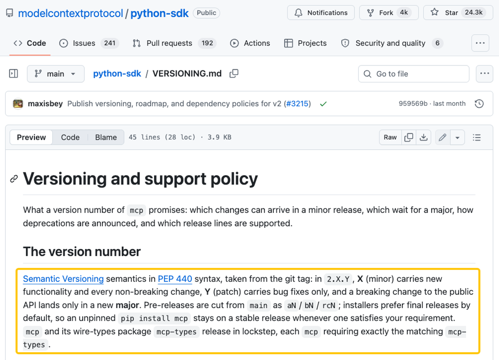 GitHub documentation page detailing semantic versioning policies for mcp protocol versions and package releases.