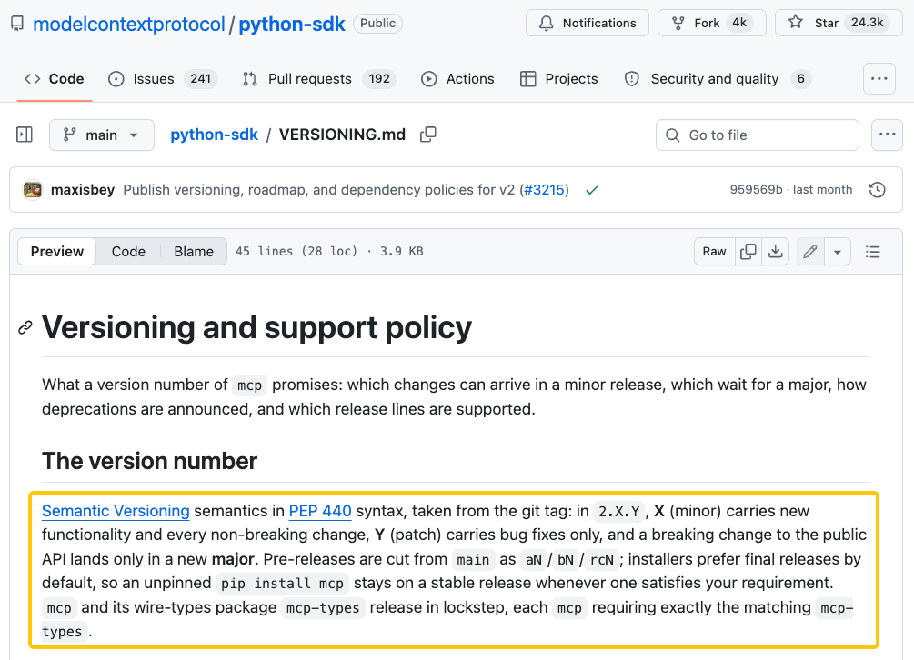 GitHub documentation page detailing semantic versioning policies for mcp protocol versions and package releases.