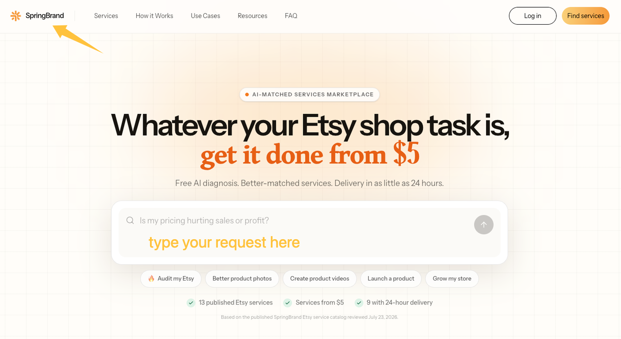 SpringBrand homepage offering Etsy shop services and AI-matched tasks to support integrated digital marketing campaigns.