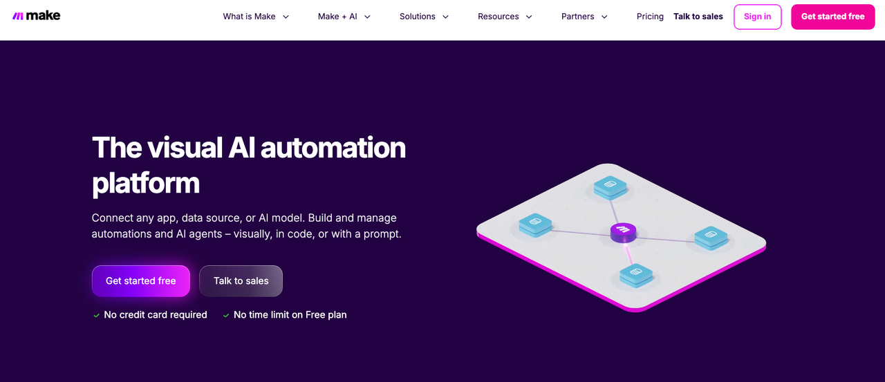 Make.com visual AI workflow automation tools platform connecting apps to build and manage automations.