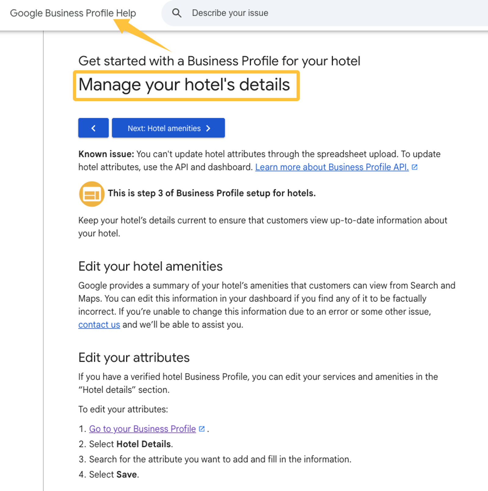 Screenshot of Google Business Profile help page for managing amenities, a key step in local SEO for hotels strategy.